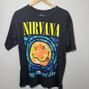 Nirvana Live 1993 Tour Graphic T-Shirt Charcoal Grey Smiley Face Size S